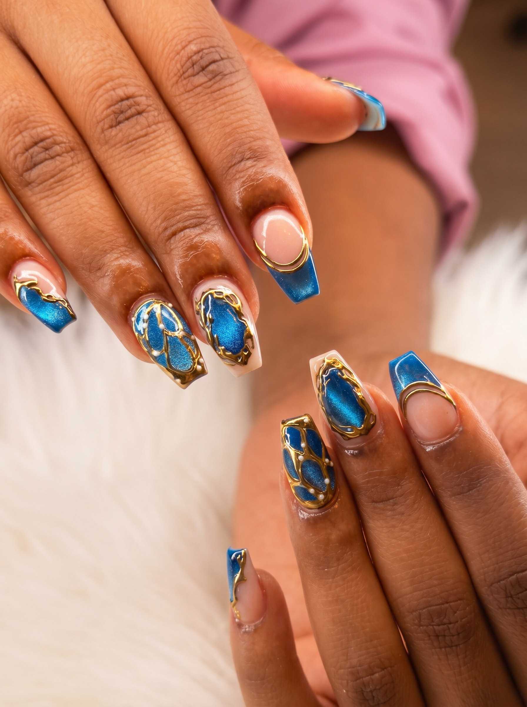 Sapphire & Gold nail set at Solar Nails & Spa Daphne