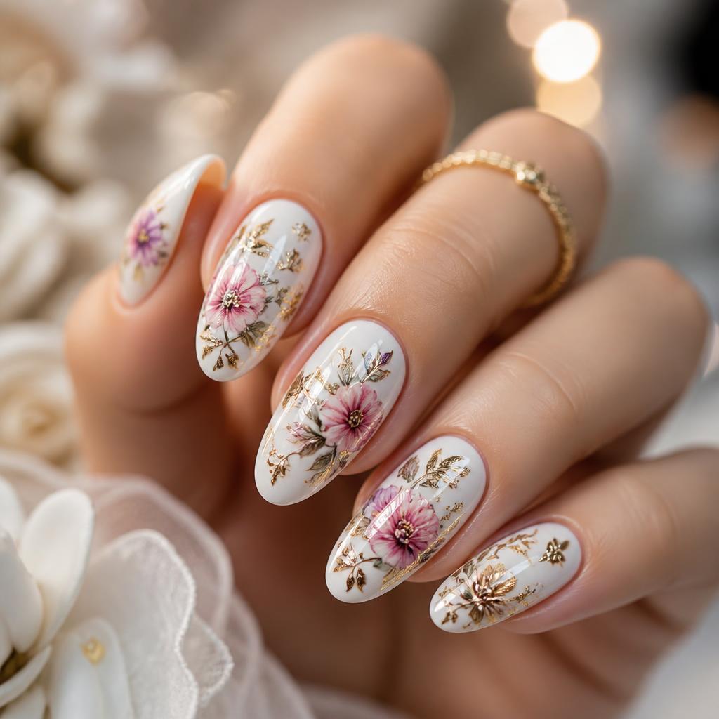 Floral Gold Leaf nail set at Solar Nails & Spa Daphne